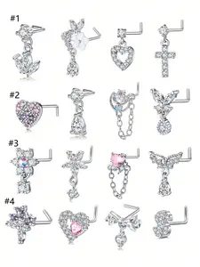 4 Counts Elegant Dangle Nose Ring, 20g L-Shaped Stainless Steel Nose Studs for Women, Butterfly & Heart Design, Best Party Jewelry Gift Choice, Nose Piercing Jewelry