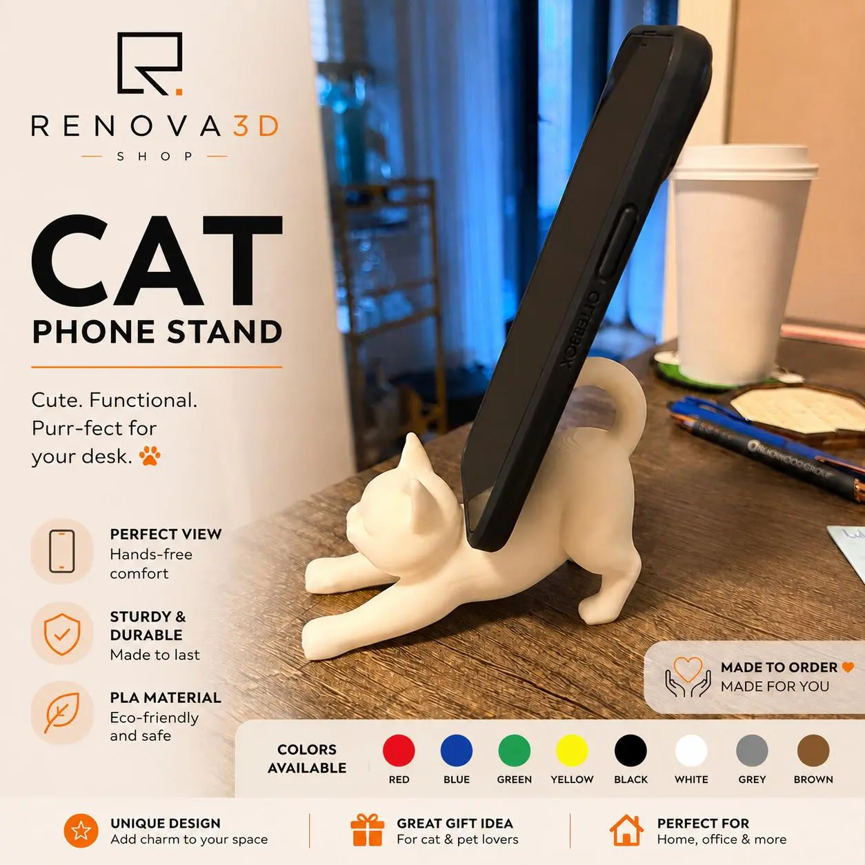 3D Printed Cat Phone Stand – Cute Phone Desk Holder, Cat Lover Gift, Desktop Phone Stand Smartphone Custom