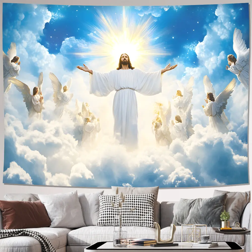 1pc Jesus Ascension Satin Backdrop - Premium Fabric, No Electricity Needed, Horizontal Religious Church Wall Hanging, Faith Decor, Church Gifts, Indoor/Outdoor Heavenly Themed Decor with Detailed White Imagery, Church Walls, Indoor/Outdor