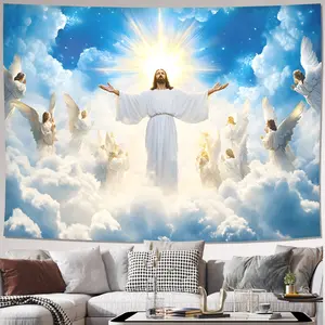 1pc Jesus Ascension Backdrop - Premium Satin Fabric, No Electricity Needed, Horizontal Religious Wall Hanging for Indoor/Outdoor Decor, Living Room, Church Events, Parties - Unique Gift Idea, Party Decoration, Heavenly Theme Decor, Detailed Imagery White