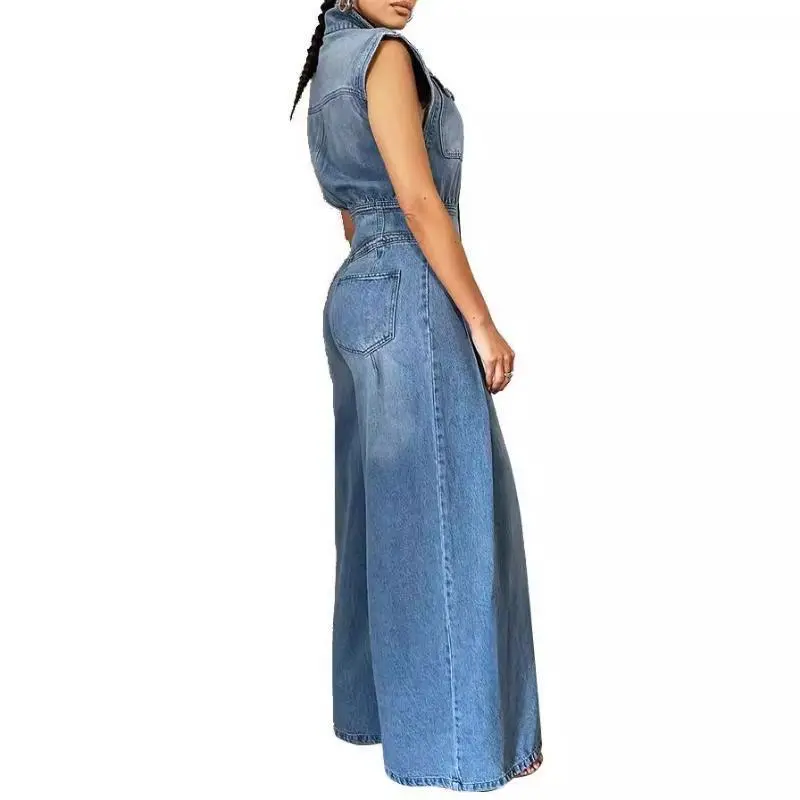 2025 Spring Tops And Pants Onesie Women's Style Casual Wash Sleeveless Denim Jumpsuit Wide-leg Blue Overalls