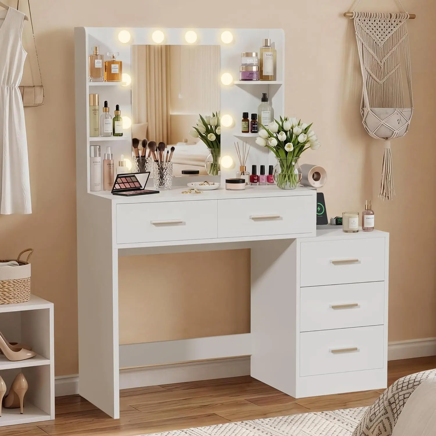 Furmax Makeup Vanity Desk with Mirror & Power Outlet, 2-in-1 Vanity Table with Nightstands, Large Storage Drawers & Hair Dryer Holder, Makeup Dressing Desk with 3 Color Light Options for Bedroom,Dorm,Dressing Room,Gift fot Girlfriend,Sister,Daughter