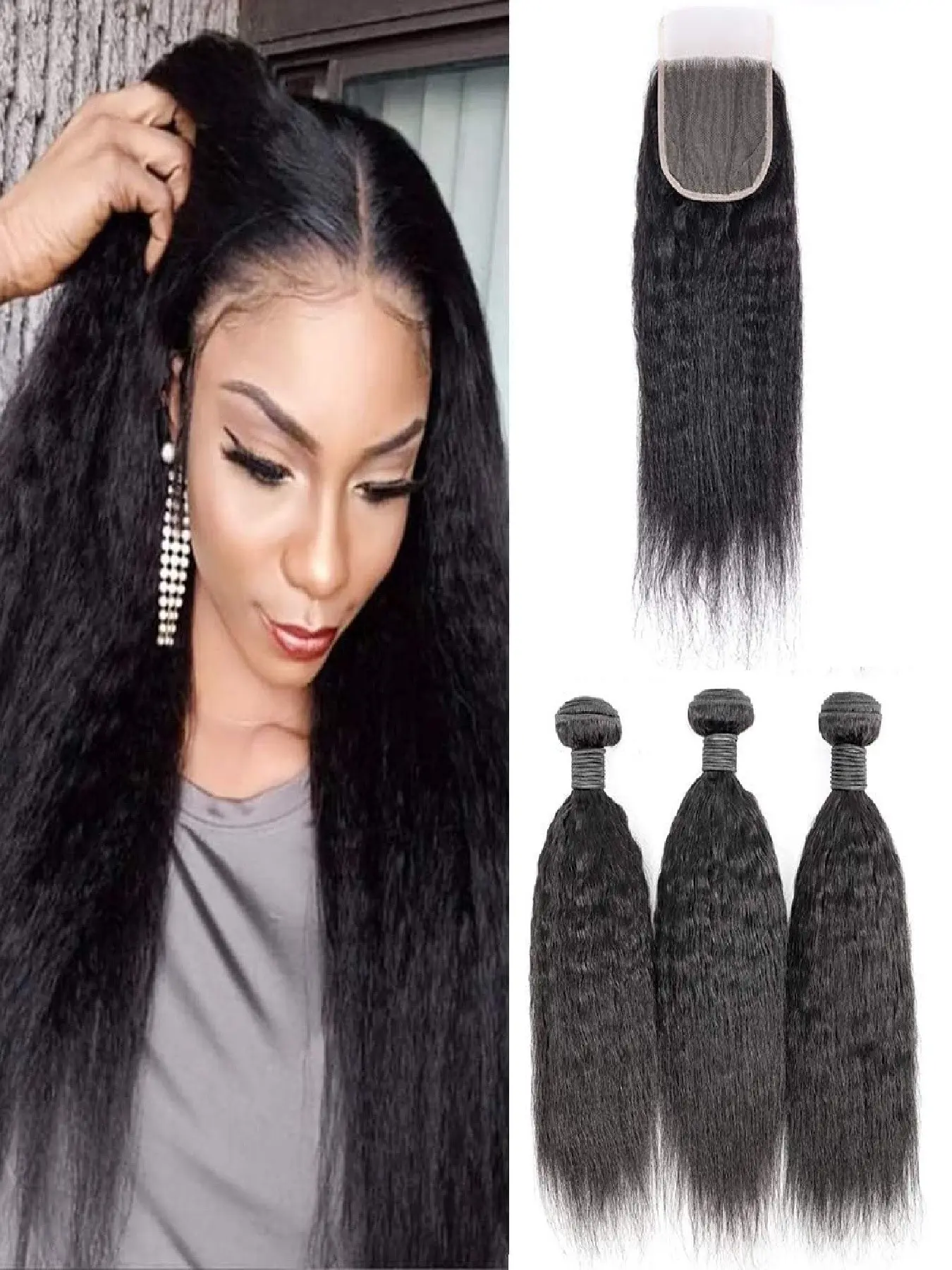 Kinky Straight Texture Bundles with Closure Yaki Kinky Straight Human Hair 3 Bundles with 4x4 Lace Closure Unprocessed Brazilian Virgin Human Hair Weave Extensions Natural Color