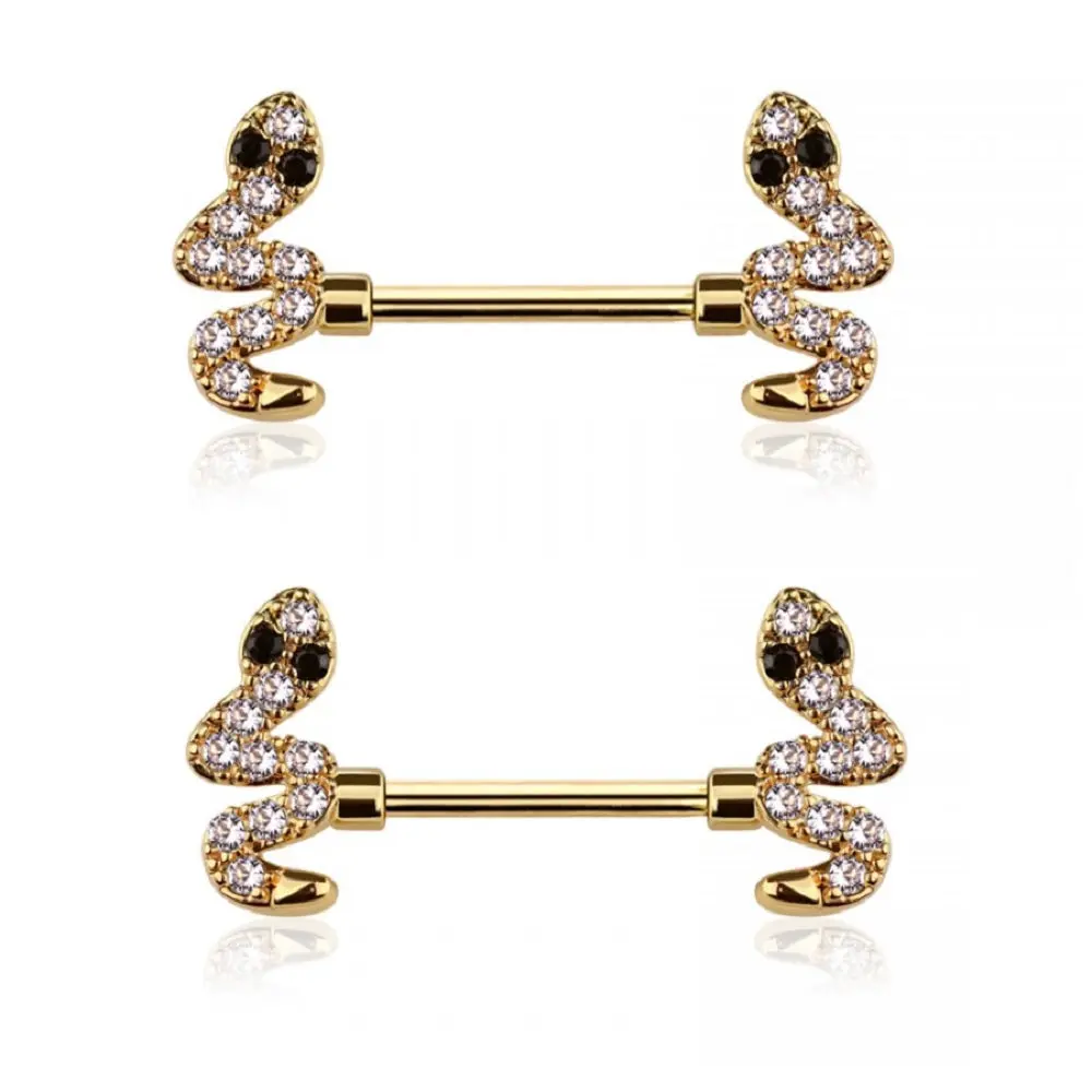 CZ Crystal Snake Ends Nipple Barbells - 316L Stainless Steel - Pair