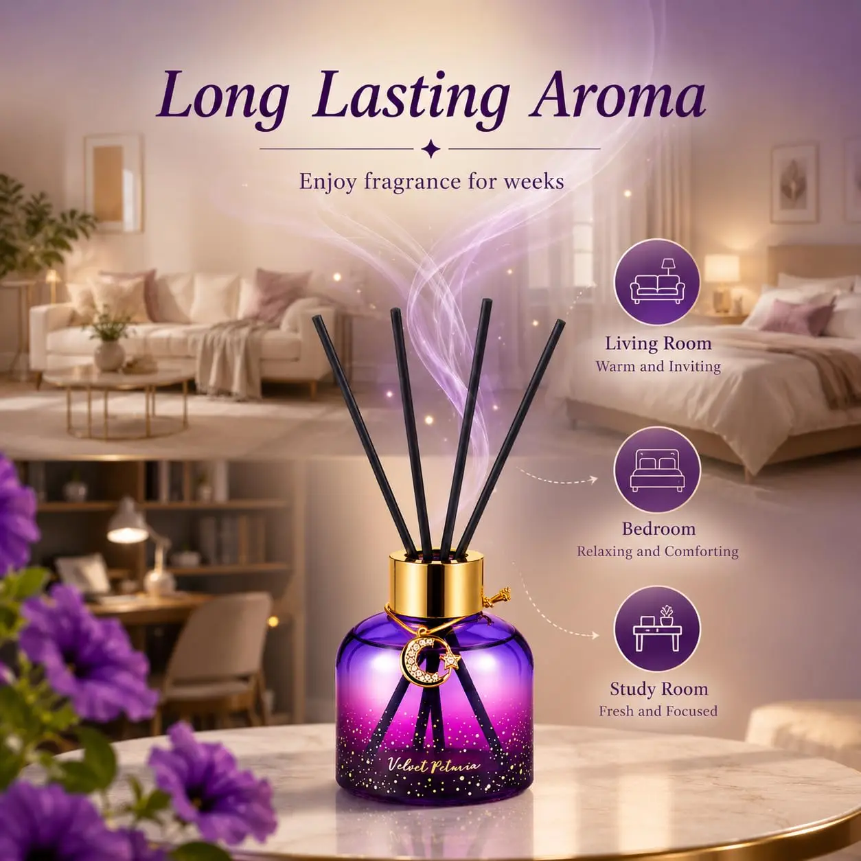 Pretty Valley Velvet Petunia Reed Diffuser Set - 80ml/2.7fl oz Gift Box, Glass Bottle, Long-Lasting Floral Fragrance Oil, Includes Sticks, Diffuser for Home, Office Living Room Decor