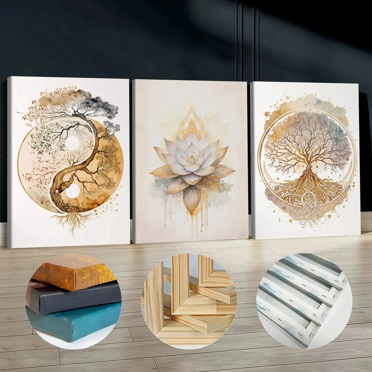 3-Pc Woody Wood-Framed Canvas Art Prints - Artistic Nature Art, Elegant Golden Lotus & Divine Tree Designs, Odorless Home Decoration for Living Room, Accent Wall, Home Inspo, Bedroom