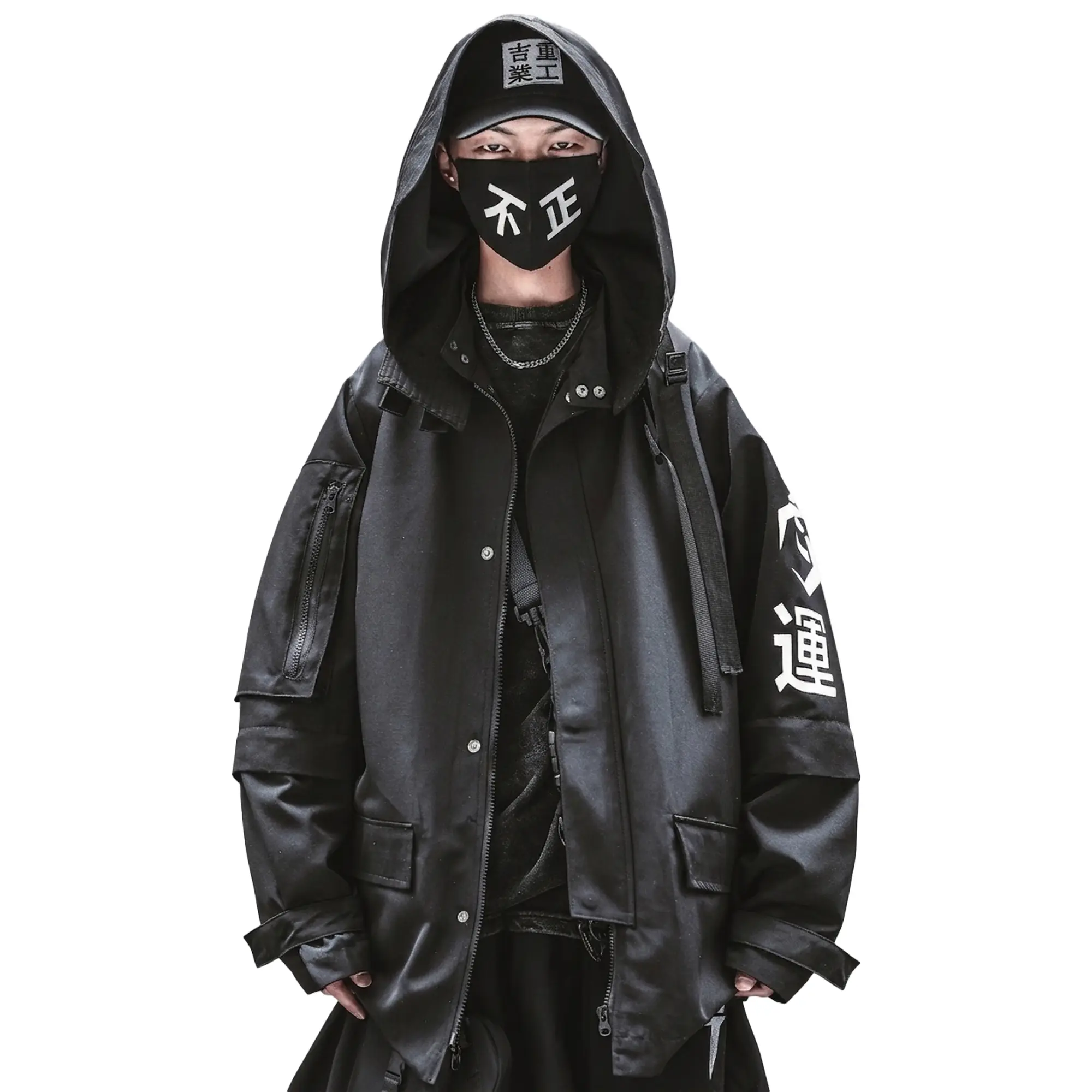 Hij7 Niepce Black Techwear Fashion Japanese Kanji Cyberpunk Jacket with Hoodie