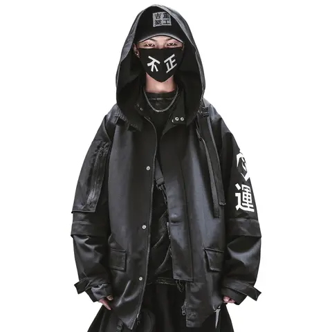 Niepce Techwear Fashion Japanese Kanji Cyberpunk Jacket with Hoodie Coats Cotton Menswear Oversized