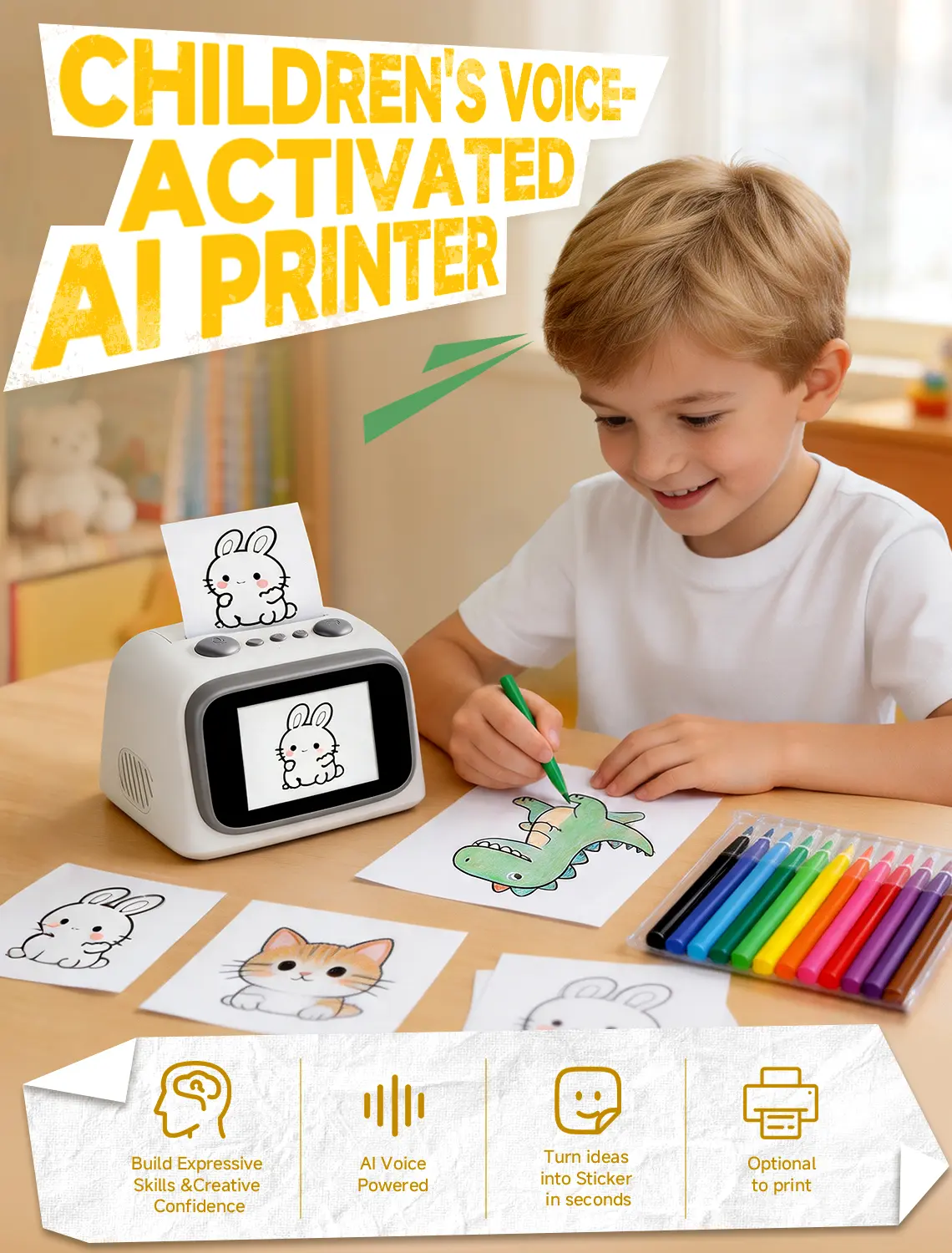 Kids Rechargeable AI Voice Thermal Mini Inkless Printer - Educational Language Toy Gift with 6 Drawing Modes, Stickers, Thermal Paper, AI Coloring Functionality, Mini Printer