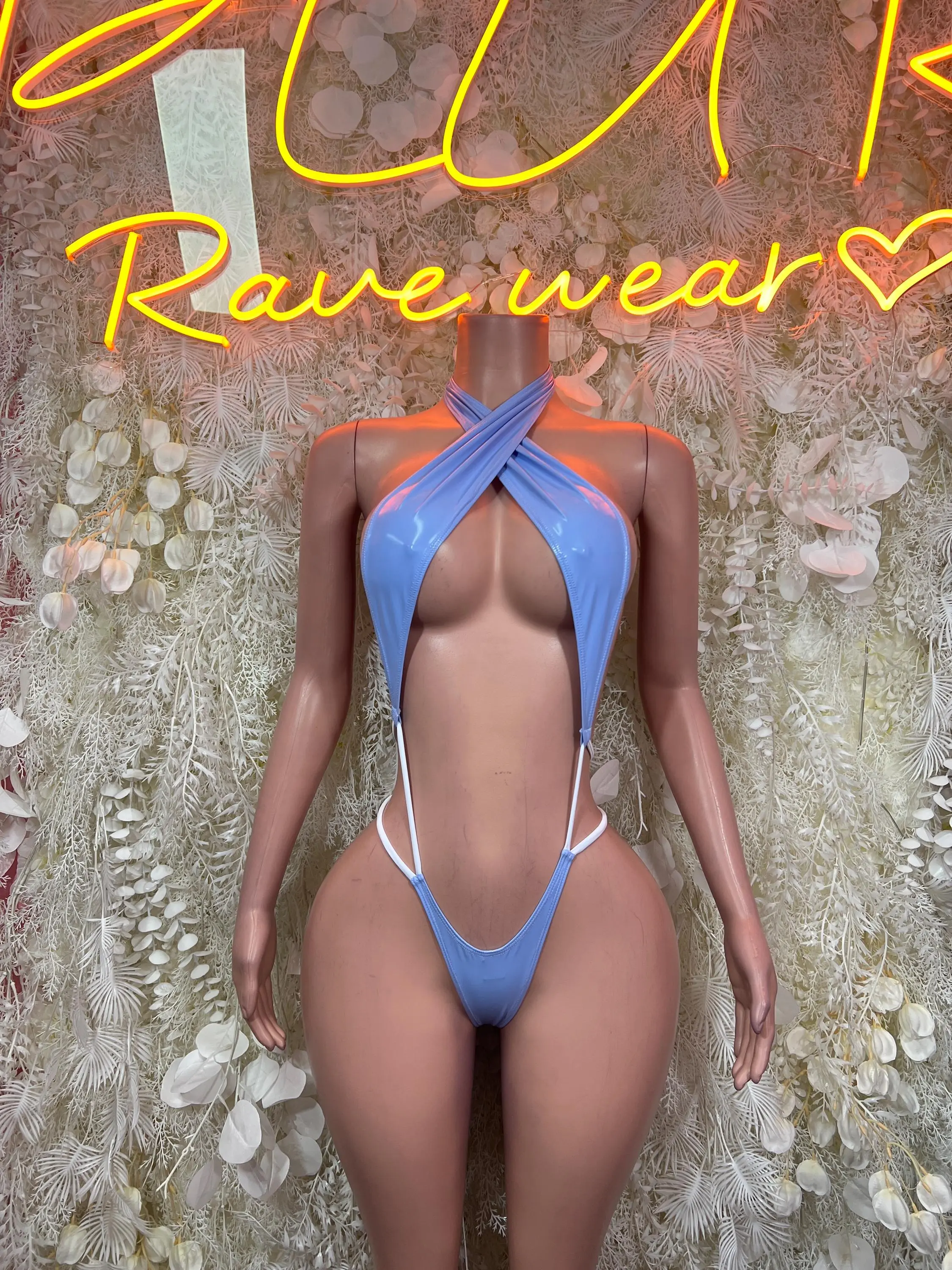 Baby Blue Latex Bodysuit One Piece – Rave Festival Outfit Bottlegirl Exotic Dance Clubwear Outfit