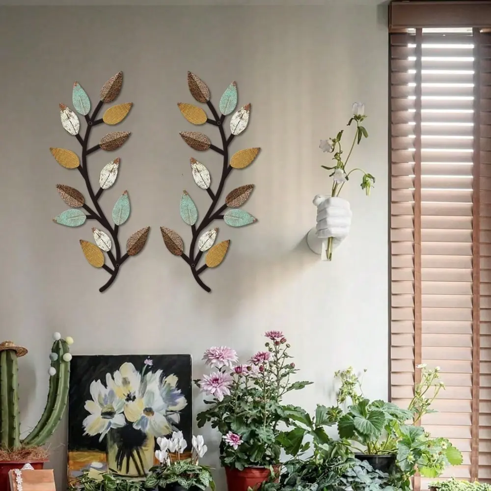 2 Piece Set Leaf Branch Metal Wall Art, Indoor Signage, Rust-Resistant, Suitable for Bedroom, Living Room, Office, Outdoor Fence Decor