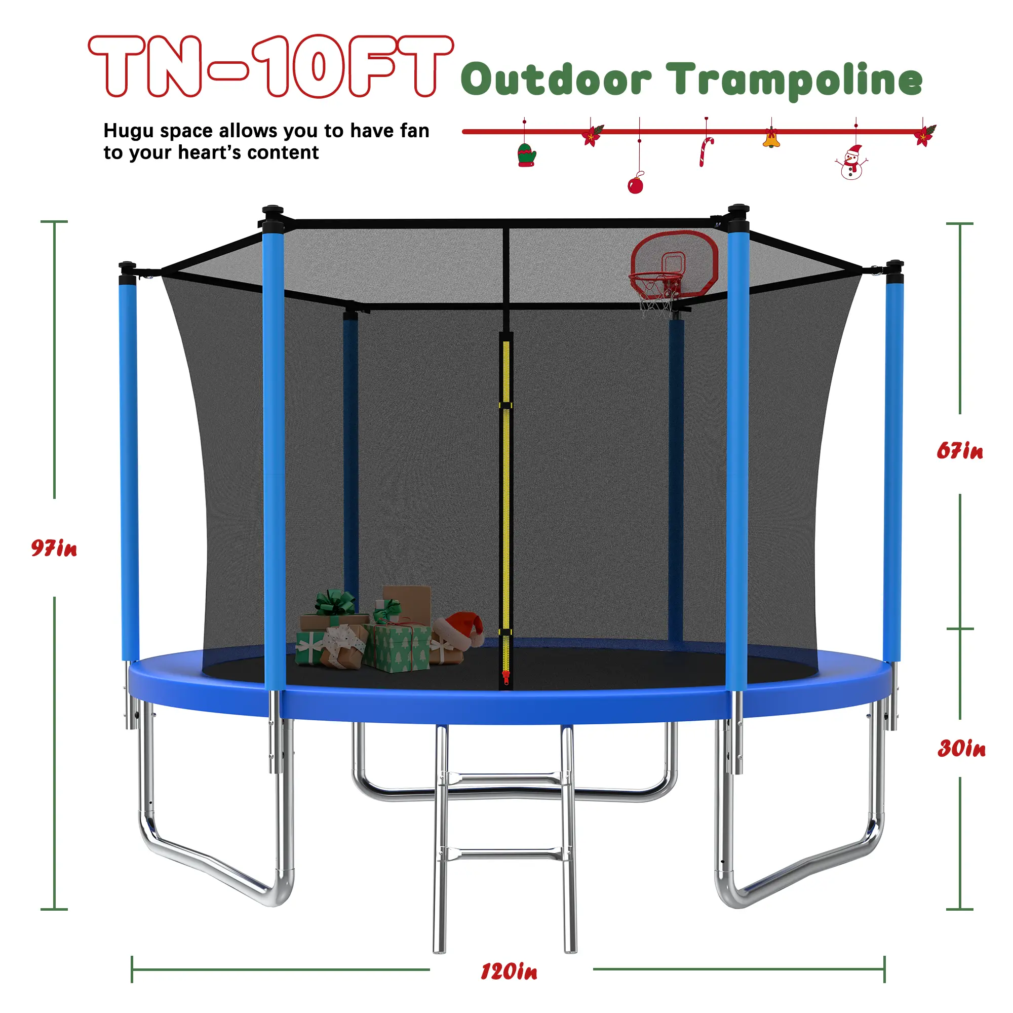 10ft Round Recreational Trampoline with Safety Enclosure Net, Heavy Duty Galvanized Steel Frame for Kids Outdoor Exercise, Includes Ladder, Heavy Duty Trampoline, Outdoor Exercise Trampoline