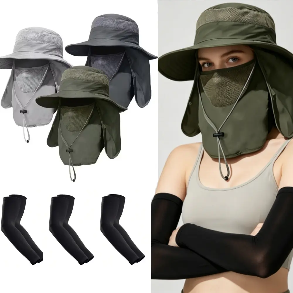 3 Pack Cooling Fan Wide Brim Fishing Sun Hat Set with 3 Pairs Ice Silk Arm Sleeves & Neck Gaiter, UPF50+ Quick Dry Mesh Cap with Detachable Face & Neck Flap, Adjustable Breathable UV Protection Gear for Fishing Hiking Camping Gardening Hunting