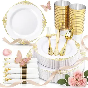 350PCS Gold - Gold Dinnerware Sets for 50 Guests - 100 Disposable, 150 Silverware, 50 Cups, 50 for Wedding & & Day