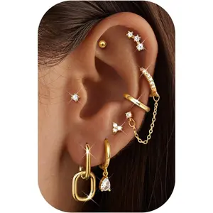 Women's 14K Gold Plated 8-Count Earring Set - Hypoallergenic Hoop, Stud & Cartilage Huggie Non-Tarnish Earring Stack with Rhinestone Accents, Trendy Layered Jewelry Gift