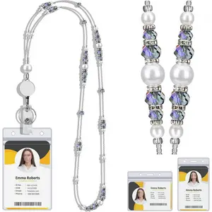 BYH16 Lanyards for ID Badges and Keys, Retractable Badge Lanyard for Women, Beaded Teacher Lanyard with Badge Reel and ID Holder, Graceful Pearls and Crystals
