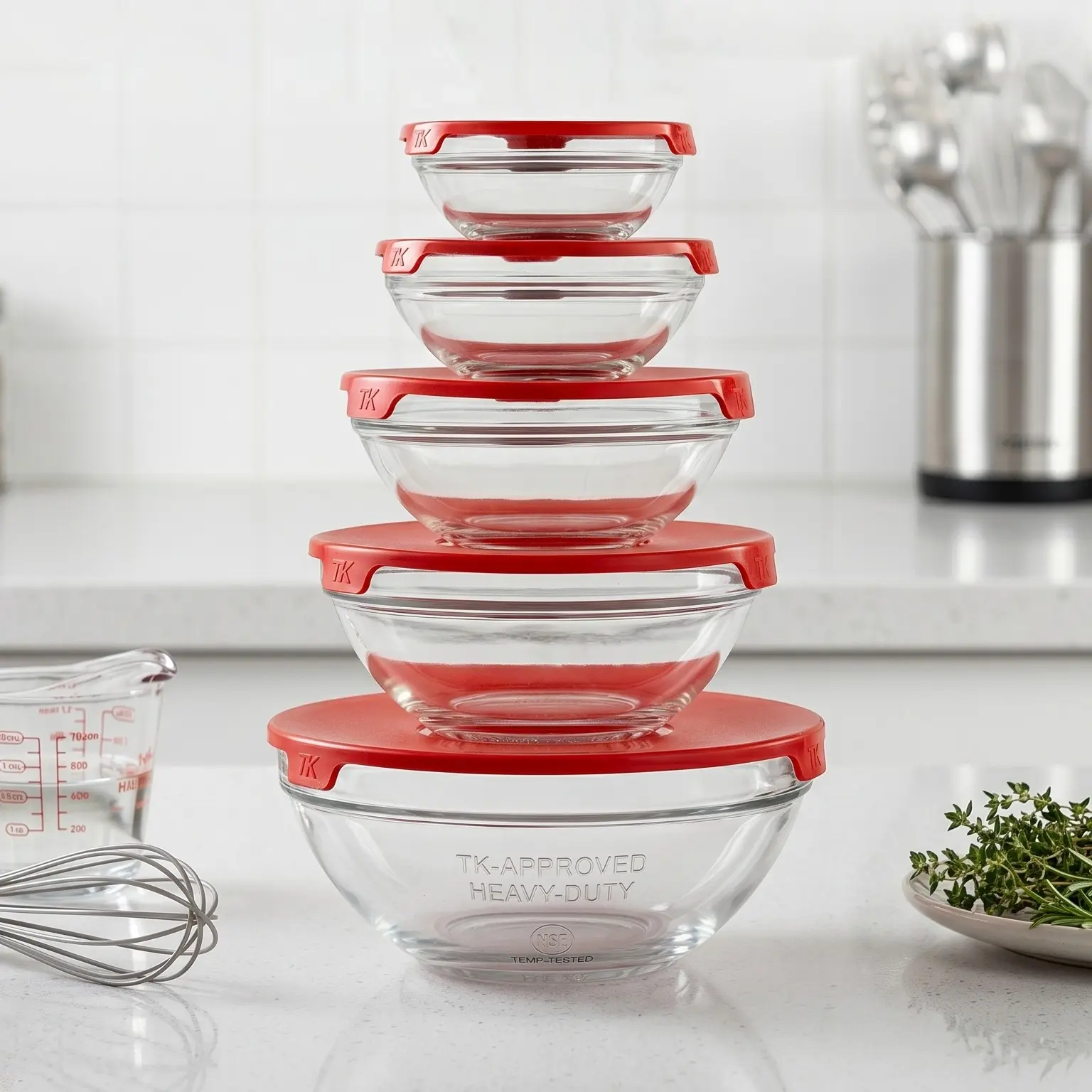 5-Piece Aesthetic Glass Nesting Bowls with Crimson Lids  | Space-Saving Meal Prep & Dipping Set | Clear Glass Food Storage