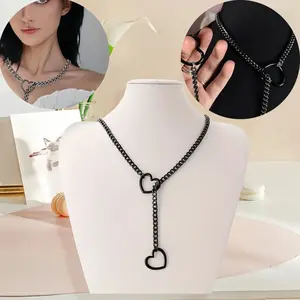 Christmas Gift 2pcs Women's Adjustable Hip Hop O-Ring Slip Chain Necklaces Heart Pendant Collarbone Chain Gothic Cuban Y-Necklace Punk Rock Fashion Jewelry for Daily Wear Parties Ideal Birthday Gifts