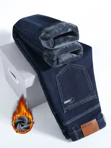 Men's Thickened Winter Fleece Plain Button High Waisted Jeans, Loose Straight Leg High Waist Casual Elastic Pants, Warm Long Denim Trousers for Fall & Winter