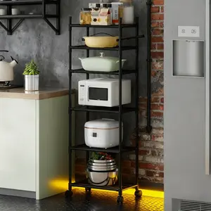 6-Tier Adjustable Metal Storage Cart with Wheels and Hooks – Multi-Functional Organizer for Kitchen, Bedroom, Bathroom, and Laundry Room – Space-Saving Design, Suitable for Storing Spice Jars, Tableware, etc. | Open Shelf Design | Modular Storage Options