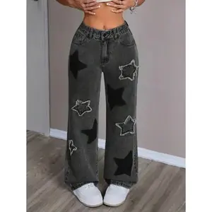 Casual Distressed Five-Pointed Star Design Straight Leg Jeans