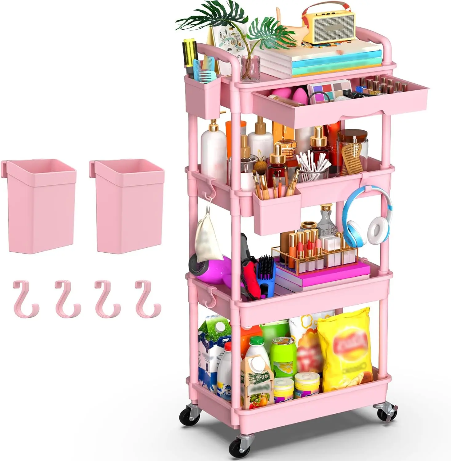 4 Tier Rolling Cart Organizer with Removable Drawer, Pink| Stable and Sturdy Rolling Carts with 2 Lockable Wheels for,, Snack, Craft, Makeup, Baby