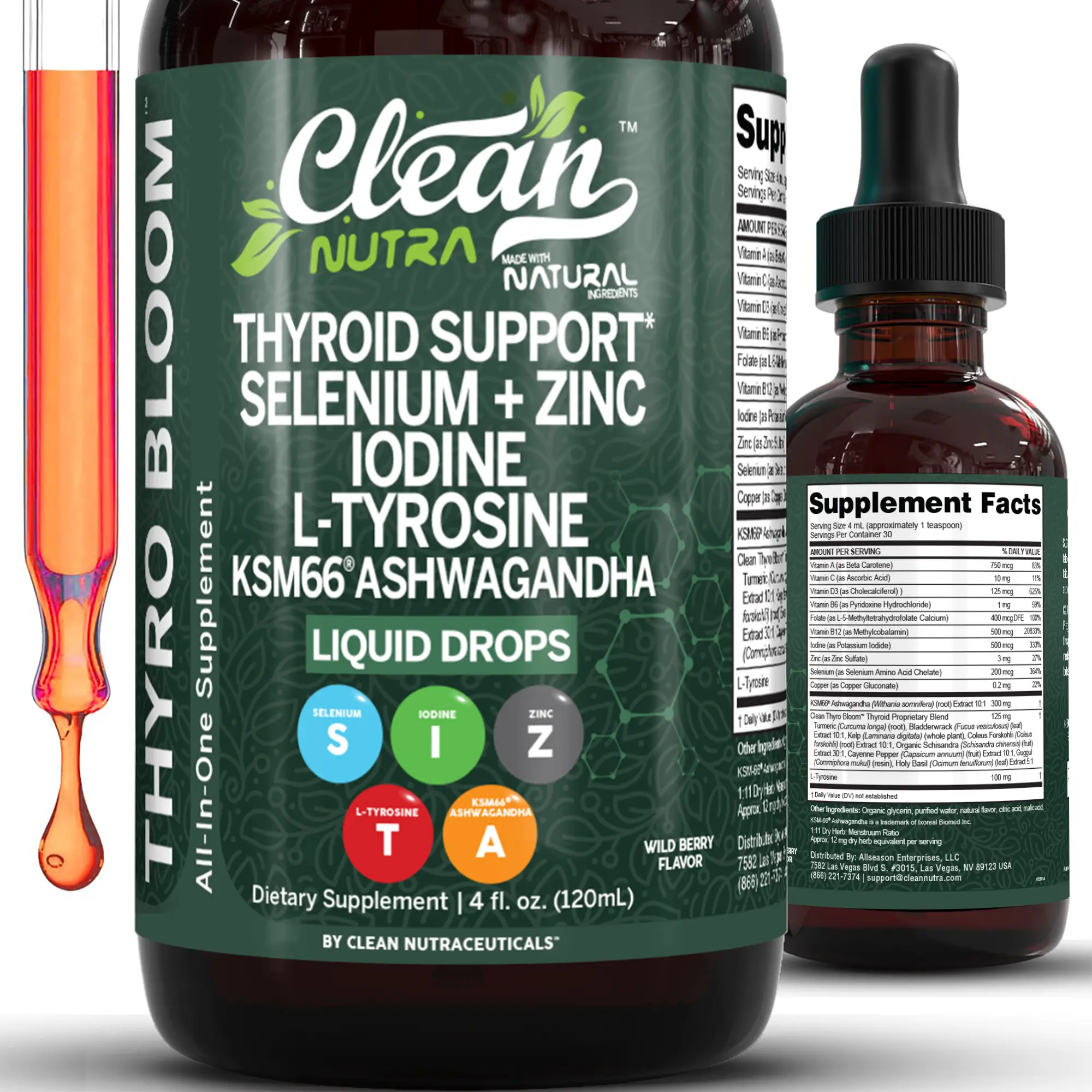 Clean Nutra Thyroid Support Drops Selenium Zinc Iodine L-Tyrosine Ashwagandha for Metabolism & Hormone Support