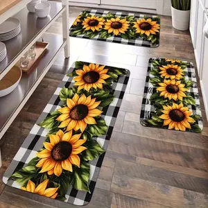 3pcs Kitchen Mat Set, Sunflower Pattern Area Rug, Spring Kitchen Decor Small Mat, Farmhouse Buffalo Plaid Mat, Flannel Material, Suitable for Bedroom, Living Room, Dining Room, Kitchen, Bathroom, Entrance, Laundry Room, Carpet, Floor Mat