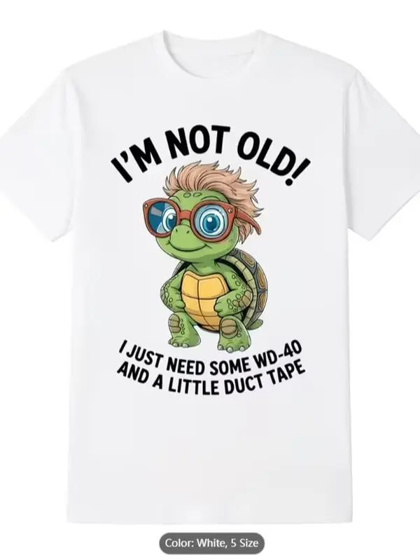 Menswear Cotton Short Sleeve T-Shirt - Casual Round Neck, Fun "I'M Not Old I'M Cool" Turtle Pattern, Humorous Anti-Aging Slogan, Unisex Adult Playful Clothes, Halloween Christmas Gift, Shortsleeve
