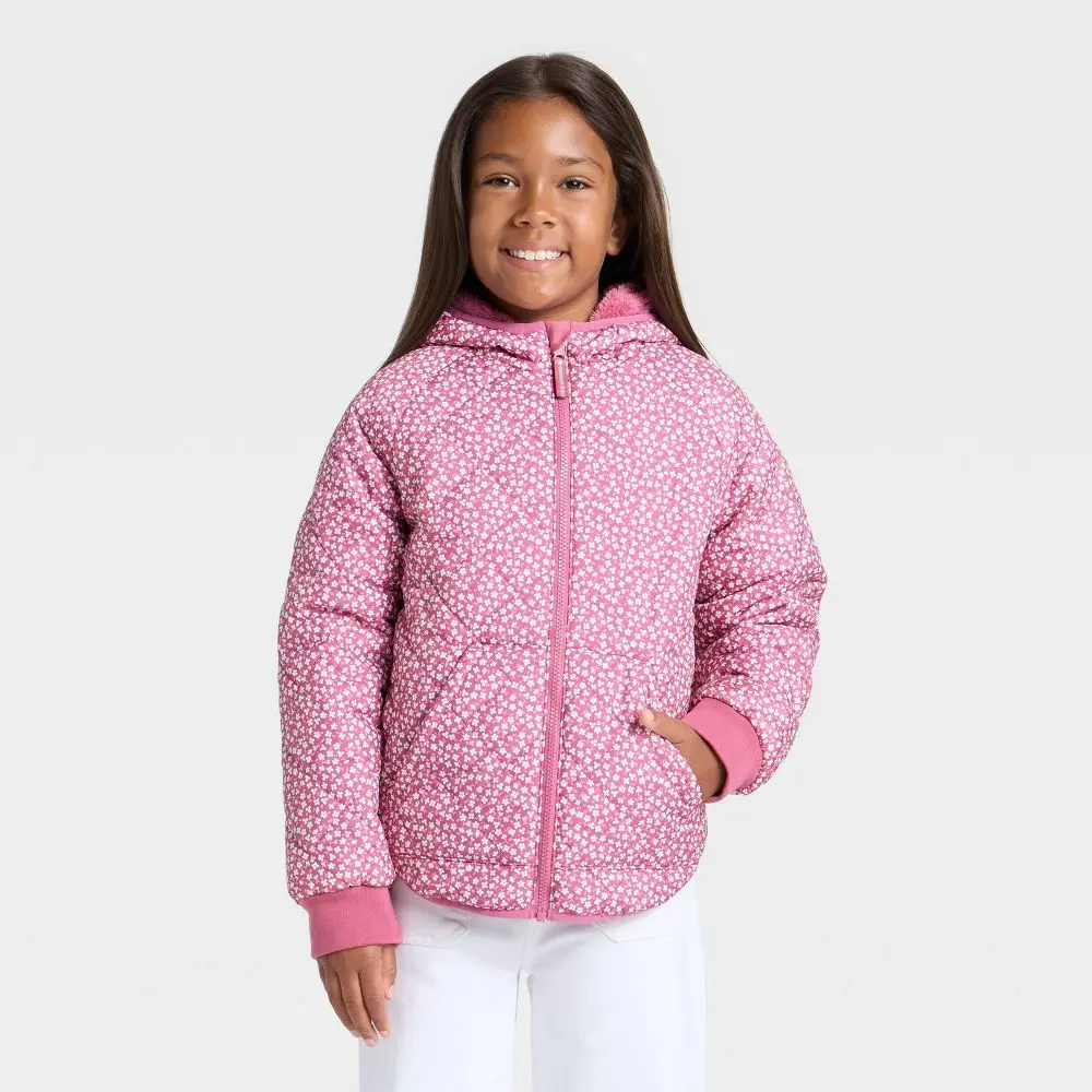 Cat & Jack Kids Clothing Girls Hooded Puffer Coat - Floral Printed, Reversible, Keep Warm, Lightweight Hooded Girls' Jackets