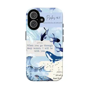 Custom Polycarbonate Shockproof Tough Smartphone Cover for iPhone 11-17 Pro Max Plus - Psalms 46:5 Faith Collage, Ocean Whale, Fish, Turtle, Coastal Waves, Indie Aesthetic Rubber Shell, Impact-Resistant Cellphone Accessory