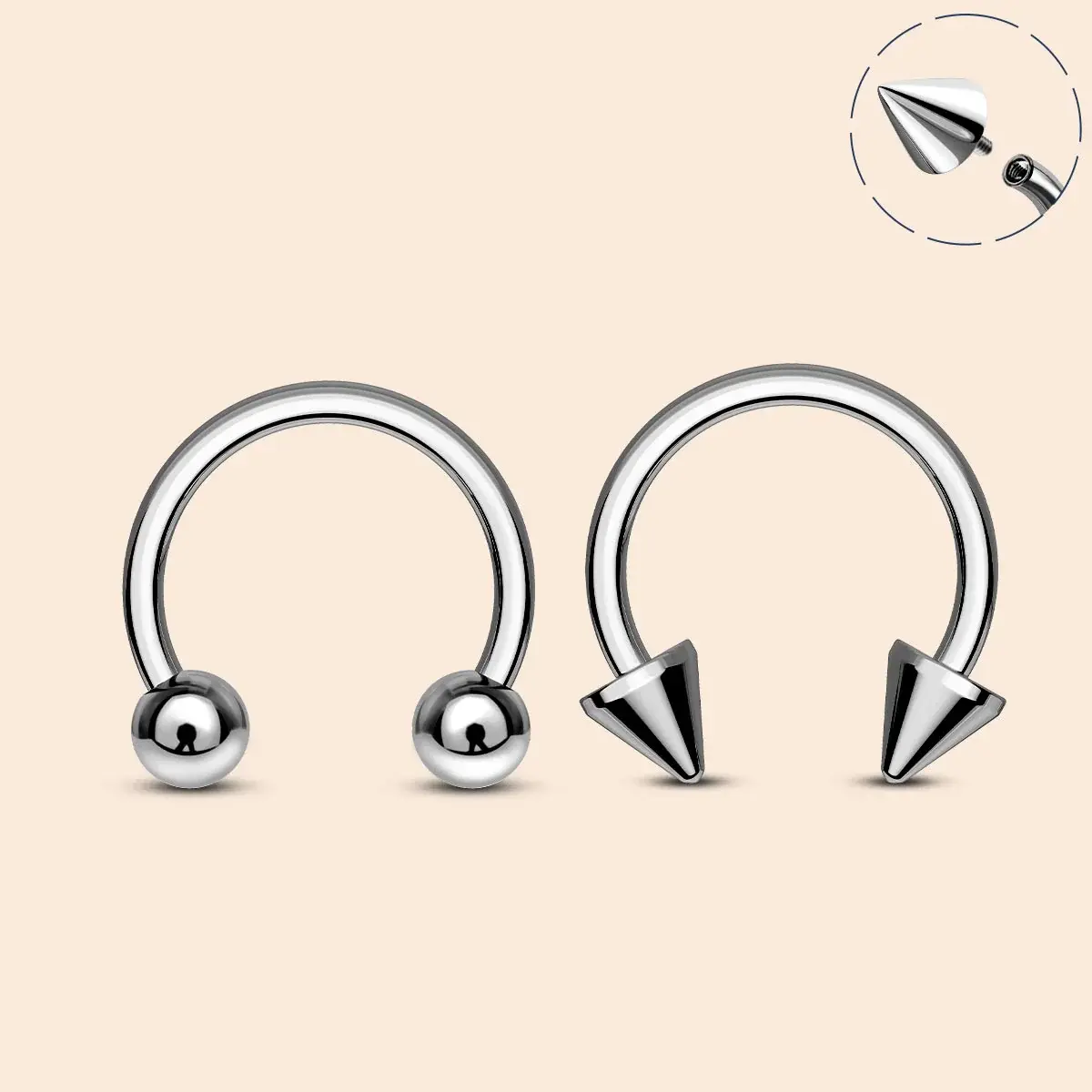 OUFER Body Jewelry 2Pcs 14G Titanium Internally Threaded Horseshoe Nostril Nose Rings Set - 6mm-12mm Inner Diameter, Ball & Spike Ends, Secure Fit, for Nostril & Septum Piercings, Nostril Nose Ring