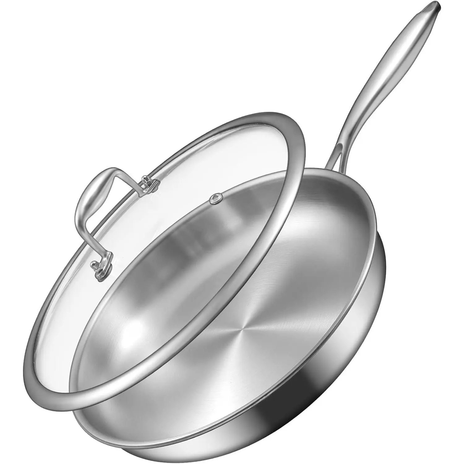 12 in Tri-Ply Stainless Steel Skillet with Lid, Durable Induction-Ready Cookware for Any Kitchen, Up to 600°F Cooktop Compatible, Even Heating, Energy Efficient, Oven & Dishwasher Safe, Mirror Finish, Sleek Design