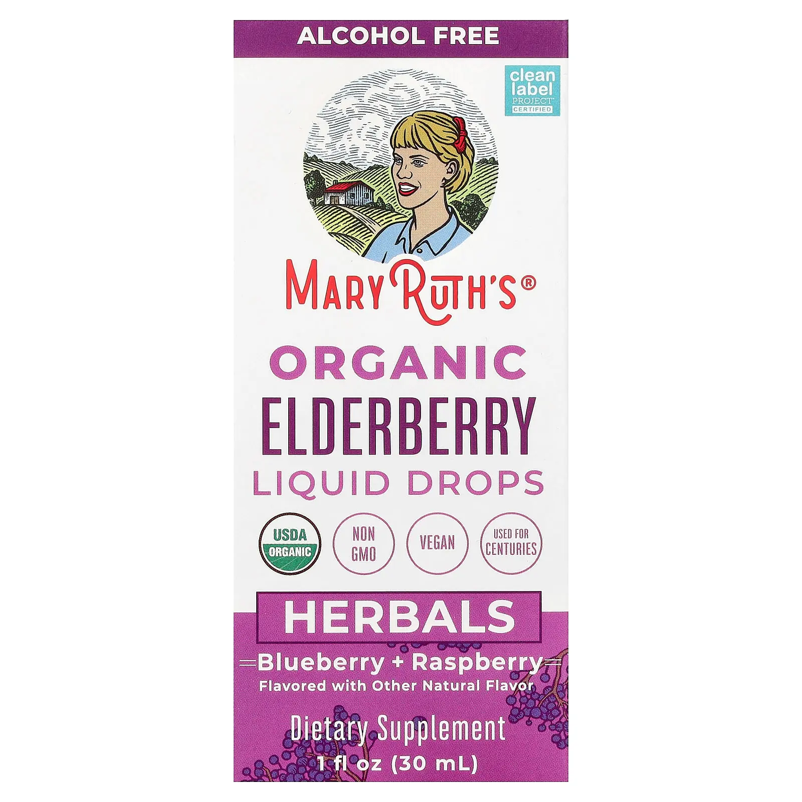 MaryRuth's Organic Elderberry Liquid Drops, Blueberry + Raspberry, Alcohol Free, 1 fl oz (30 ml)