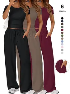 Women's Solid Round Neck Tee & Pants Loungewear Set, Casual Comfy Pyjama Set for All Seasons, Fitted Daily Home Wear Pajamas