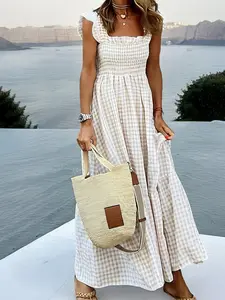 Khaki and White Targeted Plaid Dress