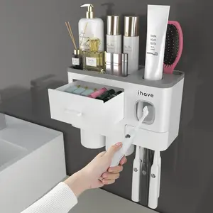 Toothbrush Holders for Bathrooms, 2 Cups Wall Mounted Toothbrush Holder with Toothpaste Dispenser, Large Capacity Tray & Cosmetic Drawer, Bathroom Decor & Bathroom Accessories