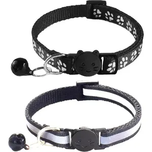2 Pack Cat Collar with Bells Reflective Collars for Cats with Breakaway Safety Buckle Nylon 7-12 Inch Adjustable