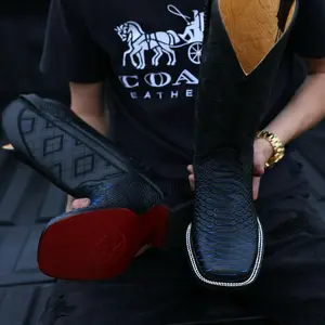 Black/Blue Python Leather Boots - Square Toe