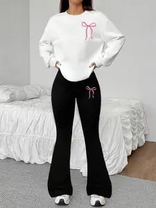 Women's Round Neck Fleece Pullover Set, Bow Print Long Sleeve Sweatshirt & Knit Flare Pants, Casual Fall Winter