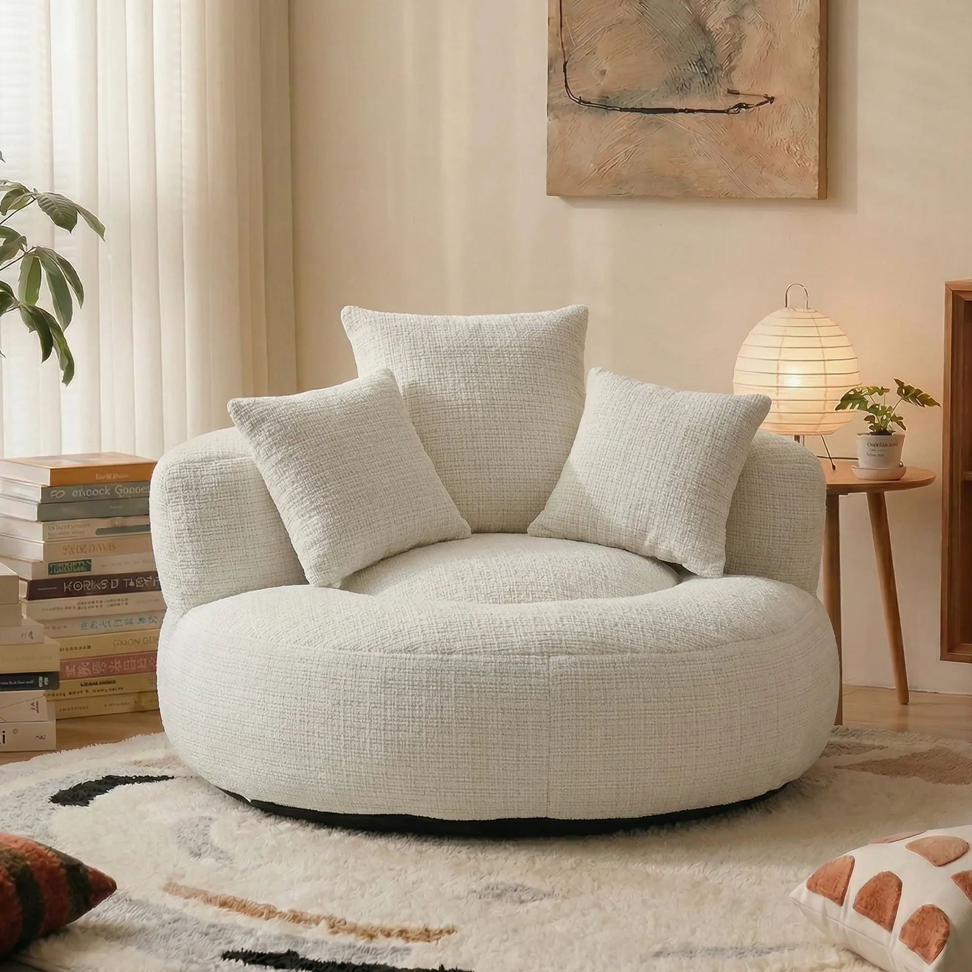 Oversized Round Chenille Fabric Bean Chair, Ergonomic Lounge Sofa with Sponge Patch Filling, 300 LBS Weight Capacity, 3 Free Pillows for Living Room Bedroom Gaming Reading
