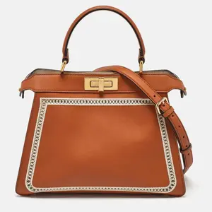 Pre-owned FENDI Cowhide Crossbody Bags Brown Leather Embroidered Medium Peekaboo Iseeu Top Handle Bag BGP214136