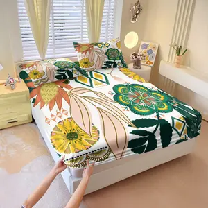 Bohemian Tropical Floral Fitted Sheet Set,Includes 1 Fitted Sheet & 2 Pillowcases,Vibrant Floral Sheets Geometric Print Bed Sheet Set,Deep Pocket Design Soft Breathable Bedding for Bedroom Dorm Guest Room,Ideal Gift for Plant & Boho Style Enthusiasts