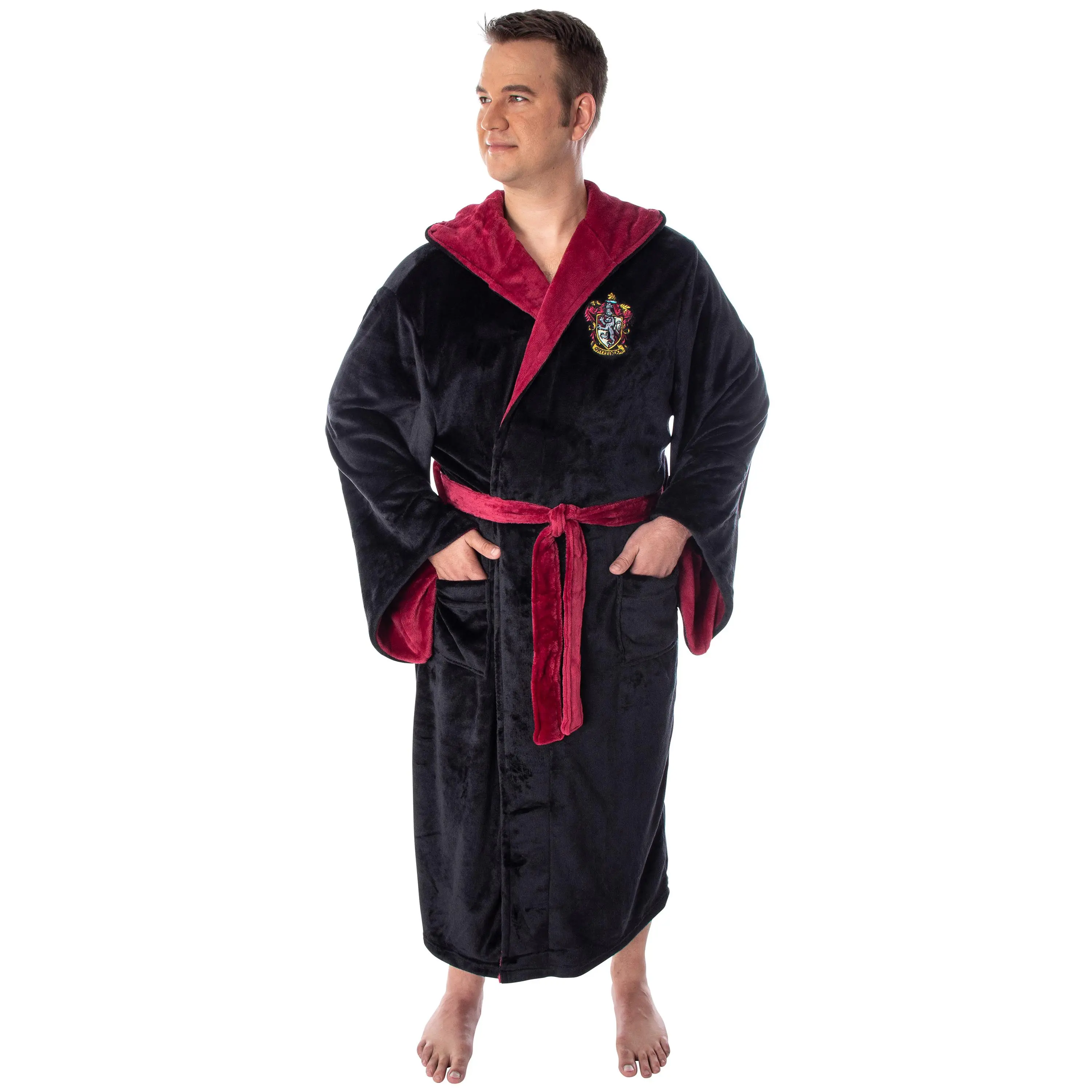 Harry Potter Adult Fleece Plush Hooded Robe - Big and Tall - Gryffindor, Slytherin, Ravenclaw, Hufflepuff, Hogwarts, Cosplay, Swimsuit, Costume, Long Sleeve