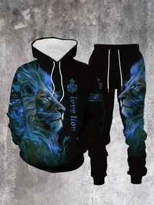 Men's Lion Print Hoodie Set, Animal Pattern Sportswear, Sporty Style, Long Sleeve, Regular Length, Fall & Winter, Fitted Design, Comfortable Fabric, Stylish Tracksuit, Streetwear Tracksuit Set