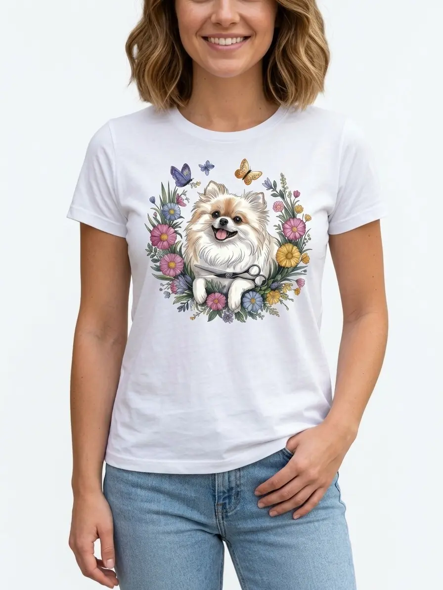 Pomeranian Groomer Tee Dog Graphic 100% Cotton White S-3XL Women Pet-lover Outfit Work-wear Cute-style Groomer-gift
