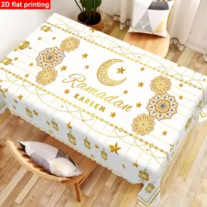 1pc Islamic Ramadan & Eid Tablecloth with Arabic Lantern & Crescent Moon - Ramadan Prayer Table Cover, Polyester Rectangular Muslim Dining Decor Suitable for Ramadan and Eid -Fitr