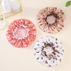 Double Layer Waterproof Shower Cap, 1 Count Cute Bowknot Pattern Shower Cap, Bathroom Supplies for Women & Girls, Home Supplies, Shower Essentials