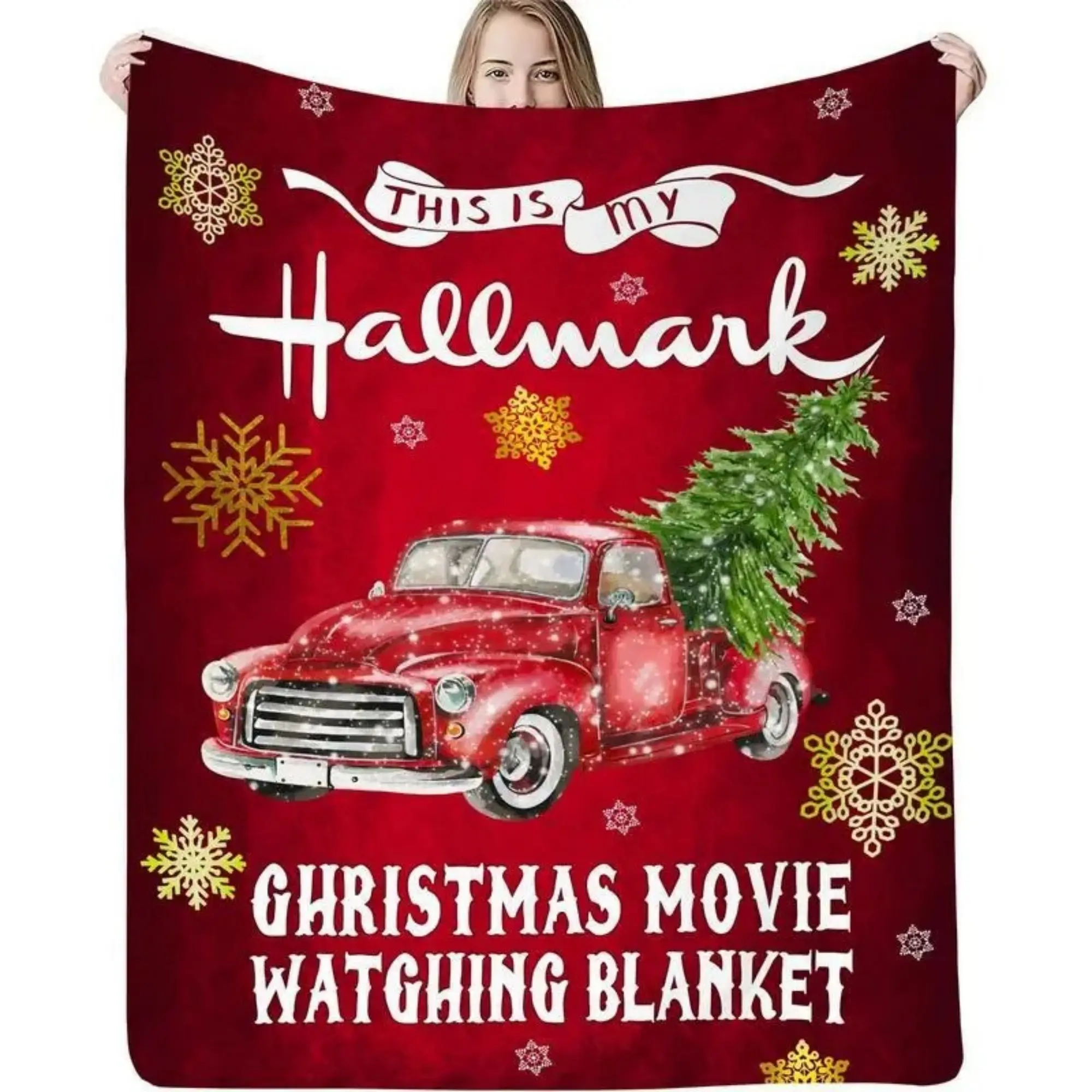 Christmas Red Pickup Truck Snowflake Fleece Blanket, Hallmark Movie Watching Themed Holiday Blanket, Cozy Anti-Pilling Winter Throw Blanket as Xmas Gift for Women Family