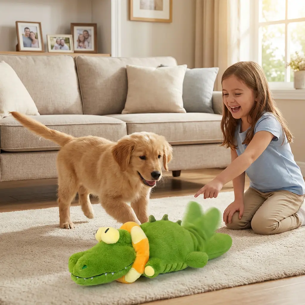 Squeaky Toy Puppy Chew Toy Essentials Interactive Crocodile Plush Dog Toy with Wagging Tail, Motion Activated, Crinkle Design, USB Rechargeable, Not Intended for Heavy Chewing squeaky toys for dog Detachable And Washable Cover